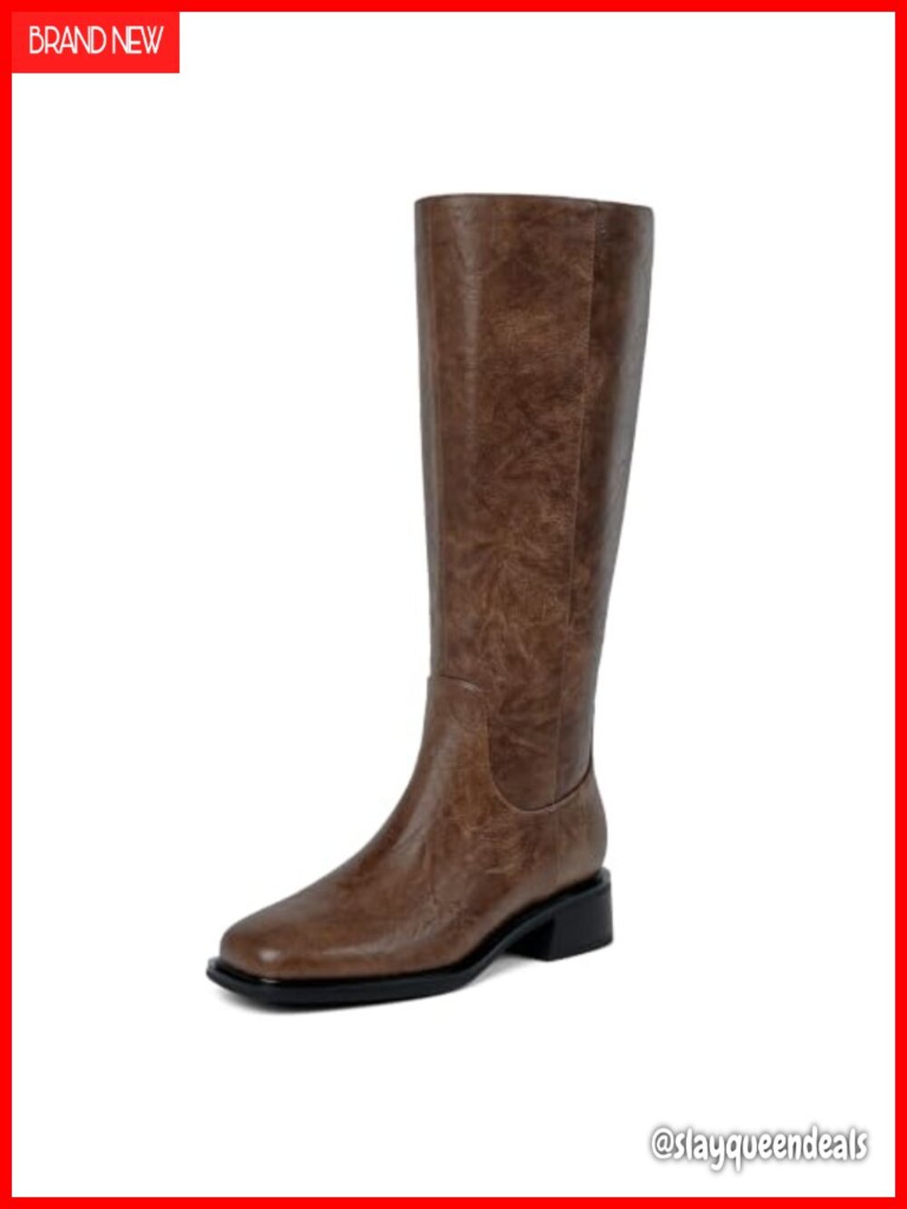 Faux Leather Knee High Boots Low Block Heel Square Toe Women